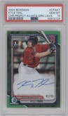 Kyle Teel from the 2024 Bowman set featuring a HTA Green Lava Refractor parallel graded by PSA and given an overall grade of 10.