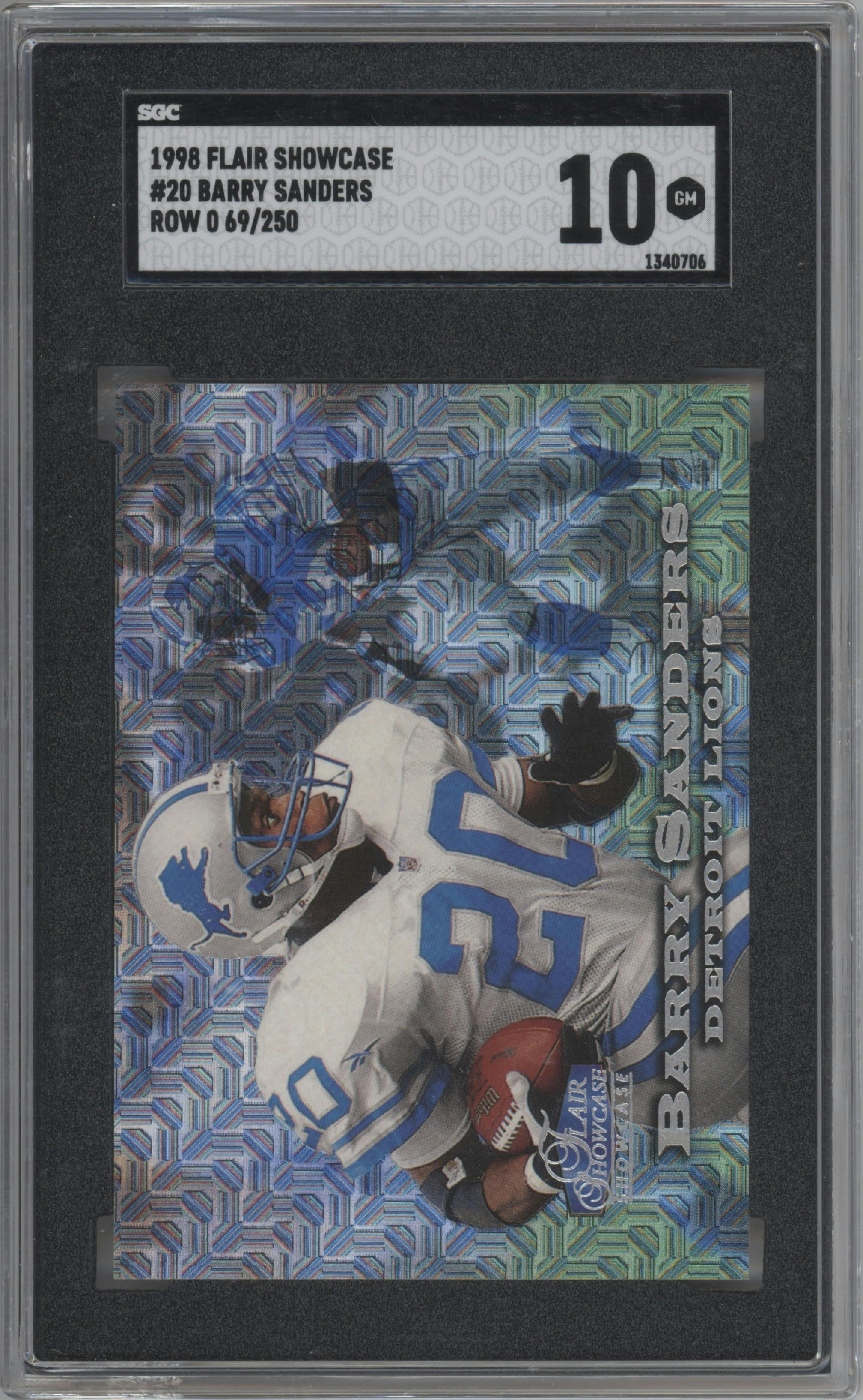 Barry Sanders from the 1998 Flair Showcase set featuring a Showpiece parallel graded by SGC and given an overall grade of 10.