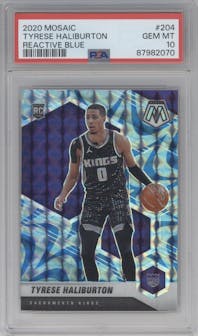 Tyrese Haliburton from the 2020-21 Panini Mosaic set featuring a Reactive Blue parallel graded by PSA and given an overall grade of 10.