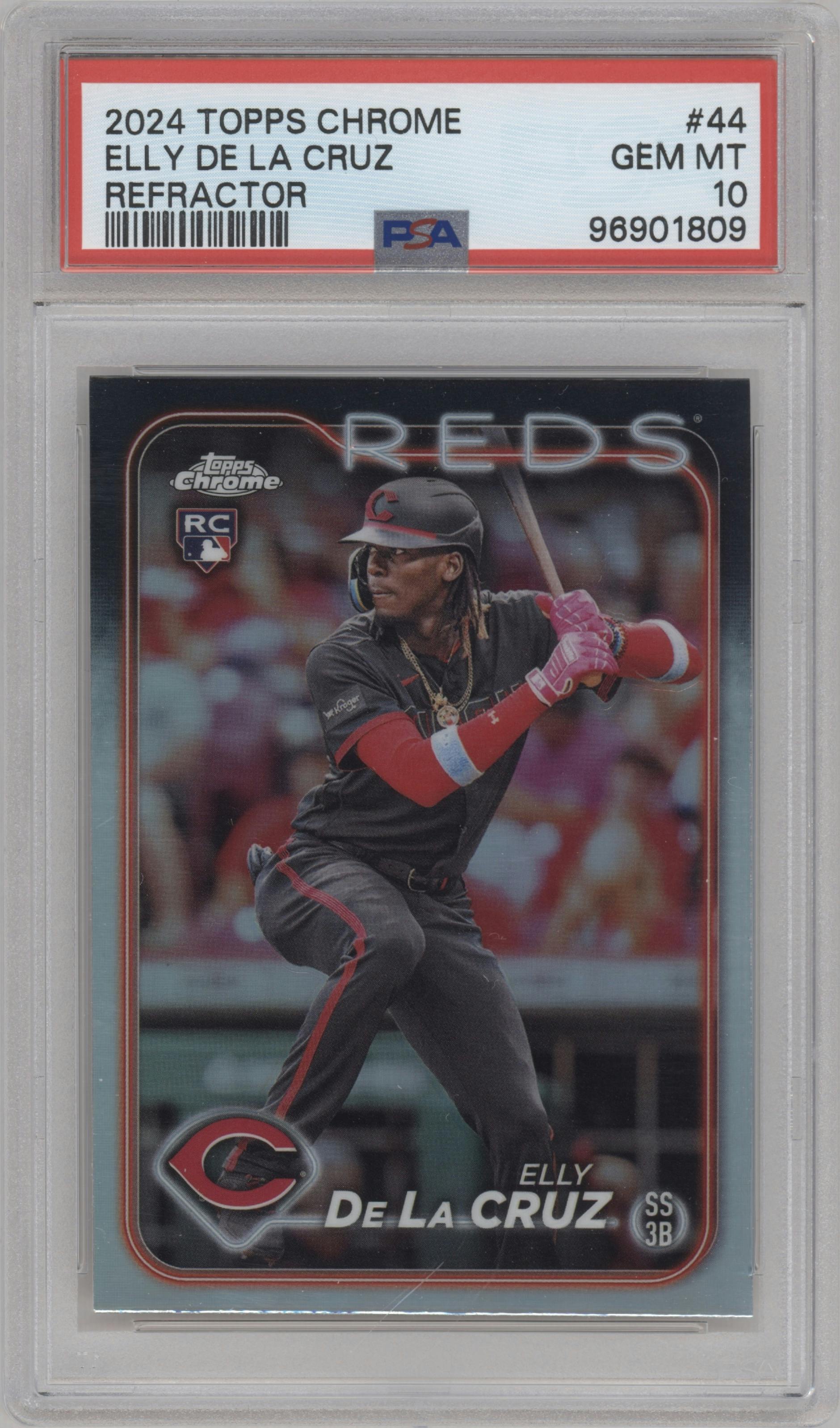 Elly De La Cruz from the 2024 Topps Chrome set featuring a Refractor parallel graded by PSA and given an overall grade of 10.
