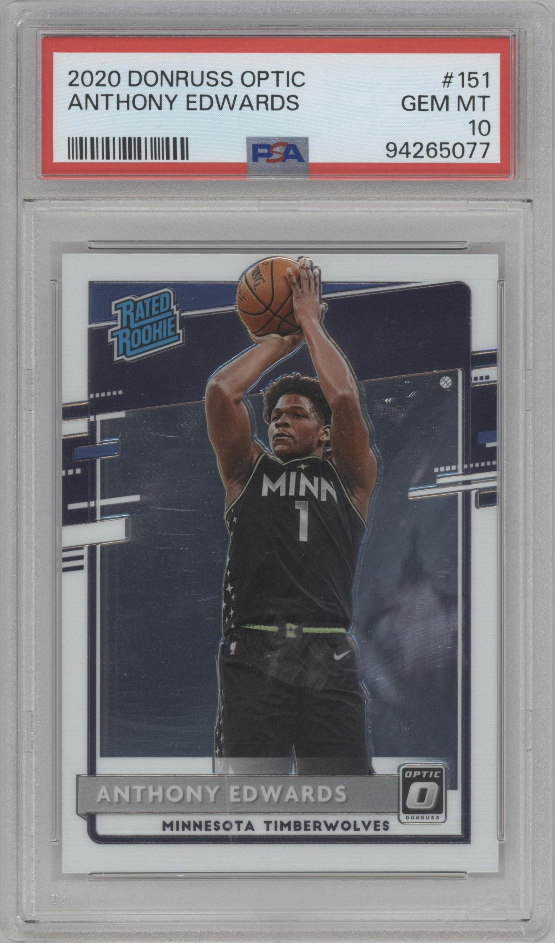 Anthony Edwards from the 2020-21 Panini Donruss Optic set graded by PSA and given an overall grade of 10.