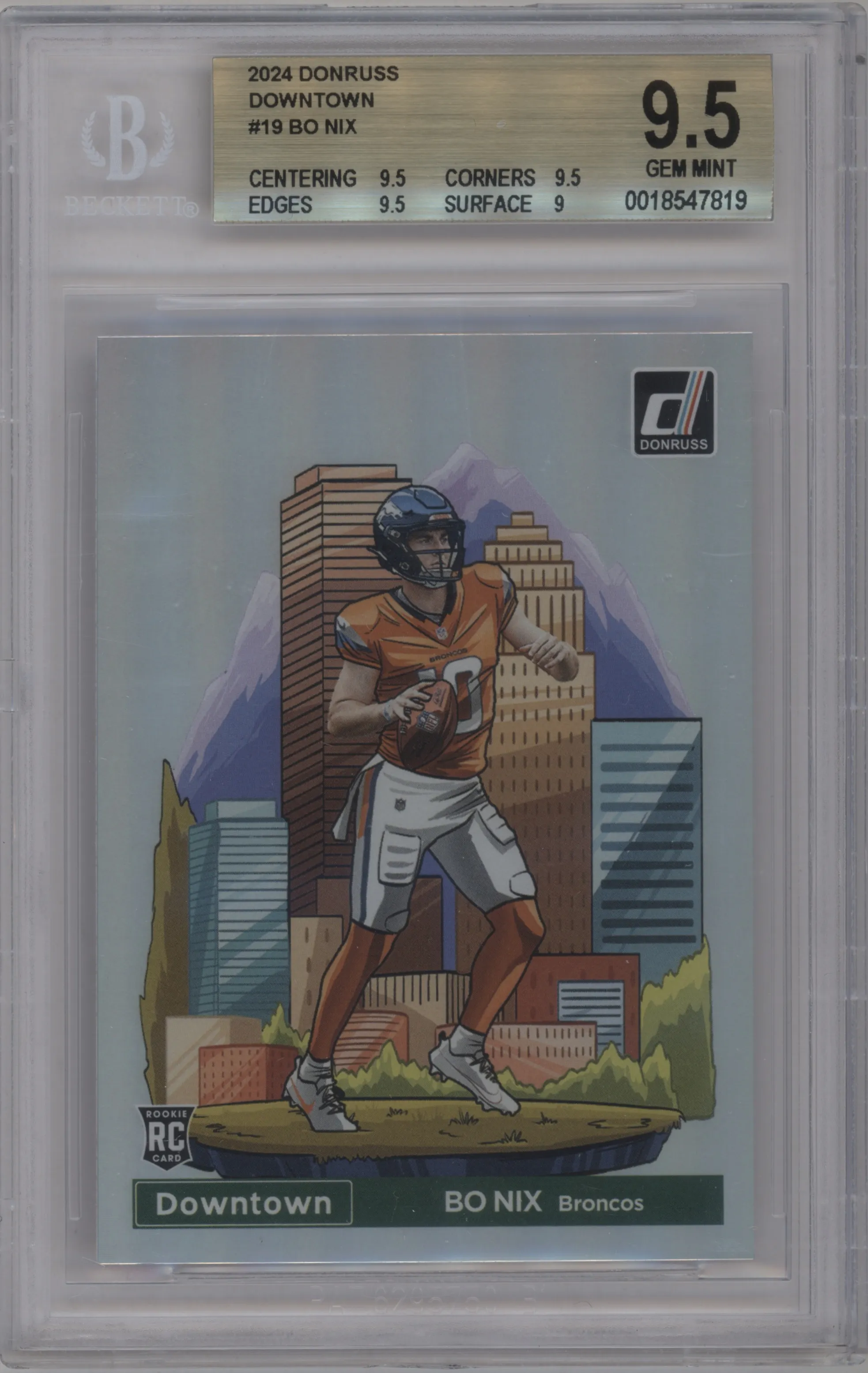 Bo Nix from the 2024 Donruss set graded by Beckett and given an overall grade of 9.5.