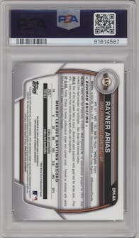 Rayner Arias from the 2023 Bowman Chrome set featuring a HTA Choice Refractor parallel graded by PSA and given an overall grade of 10.
