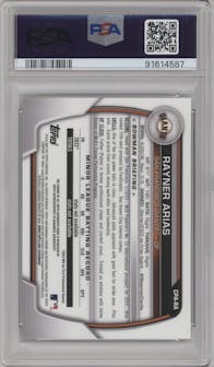 Rayner Arias from the 2023 Bowman Chrome set featuring a HTA Choice Refractor parallel graded by PSA and given an overall grade of 10.