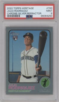 Julio Rodriguez from the 2022 Topps Heritage High Number set featuring a Silver Border Refractor parallel graded by PSA and given an overall grade of 9.