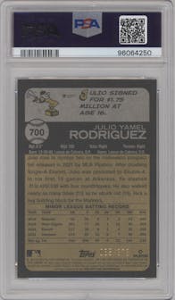 Julio Rodriguez from the 2022 Topps Heritage High Number set featuring a Silver Border Refractor parallel graded by PSA and given an overall grade of 9.
