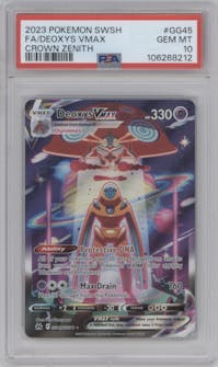 Deoxys VMAX from the 2023 Pokemon SWSH set graded by PSA and given an overall grade of 10.