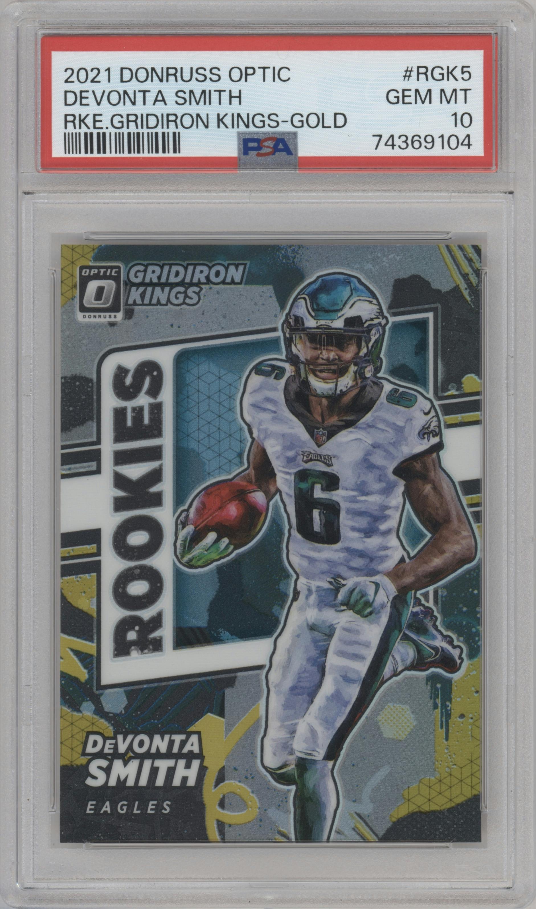 Devonta Smith from the 2021 Panini Donruss Optic set featuring a Gold parallel graded by PSA and given an overall grade of 10.