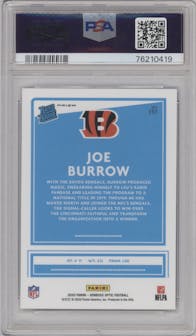 Joe Burrow from the 2020 Panini Donruss Optic set featuring a Blue Scope parallel graded by PSA and given an overall grade of 10.