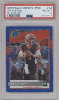 Joe Burrow from the 2020 Panini Donruss Optic set featuring a Blue Scope parallel graded by PSA and given an overall grade of 10.