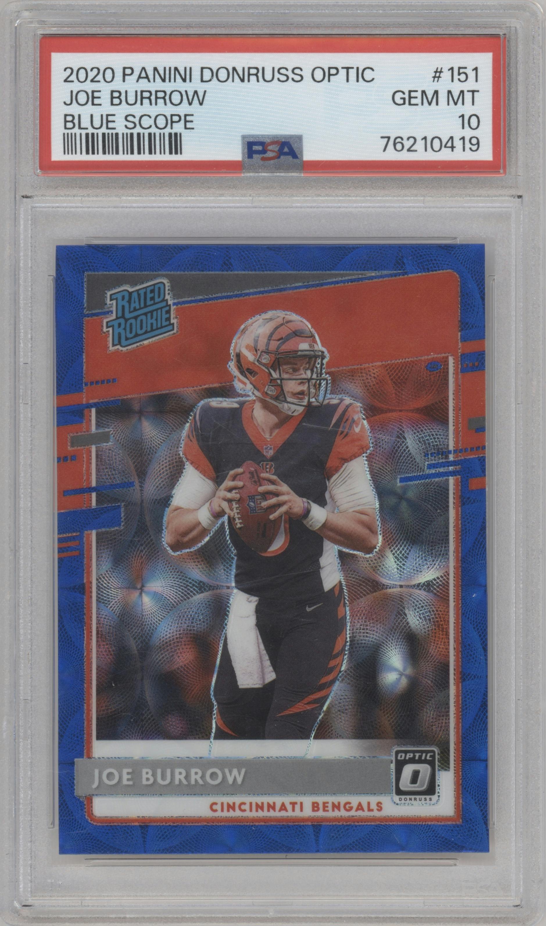 Joe Burrow from the 2020 Panini Donruss Optic set featuring a Blue Scope parallel graded by PSA and given an overall grade of 10.