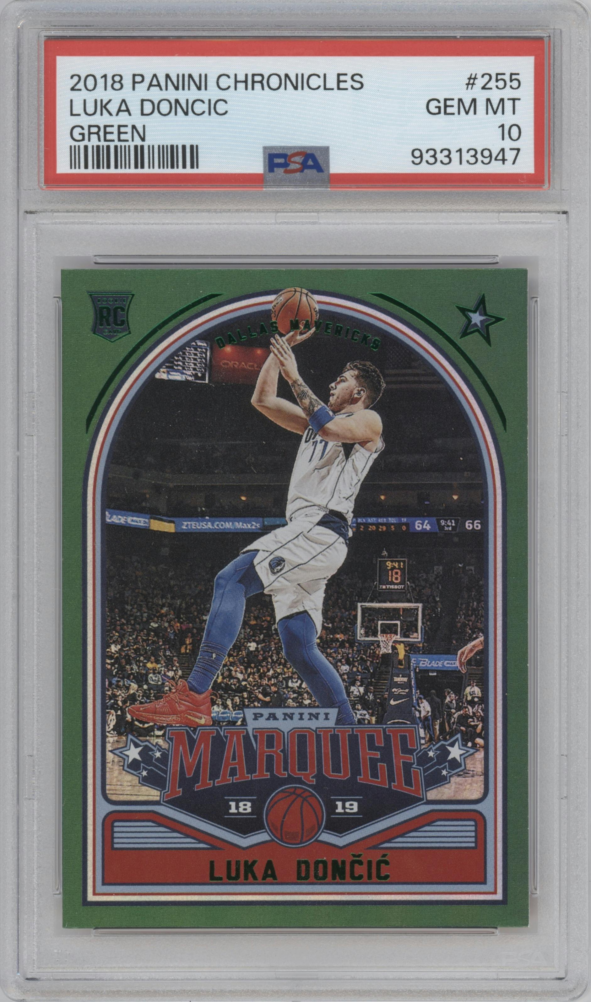 Luka Doncic from the 2018-19 Panini Chronicles set featuring a Green parallel graded by PSA and given an overall grade of 10.