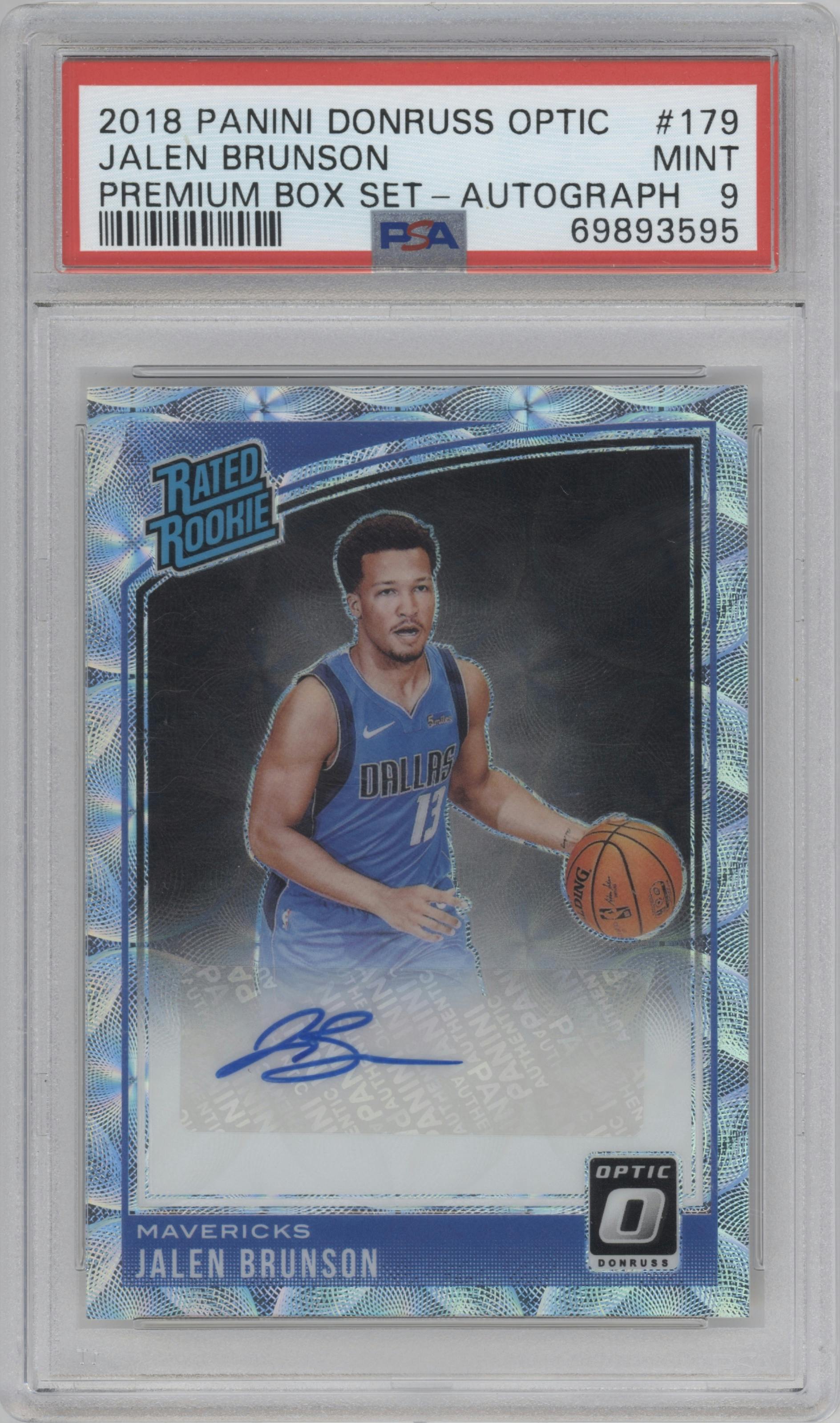 Jalen Brunson from the 2018-19 Panini Donruss Optic set featuring a Premium Box Set parallel graded by PSA and given an overall grade of 9.