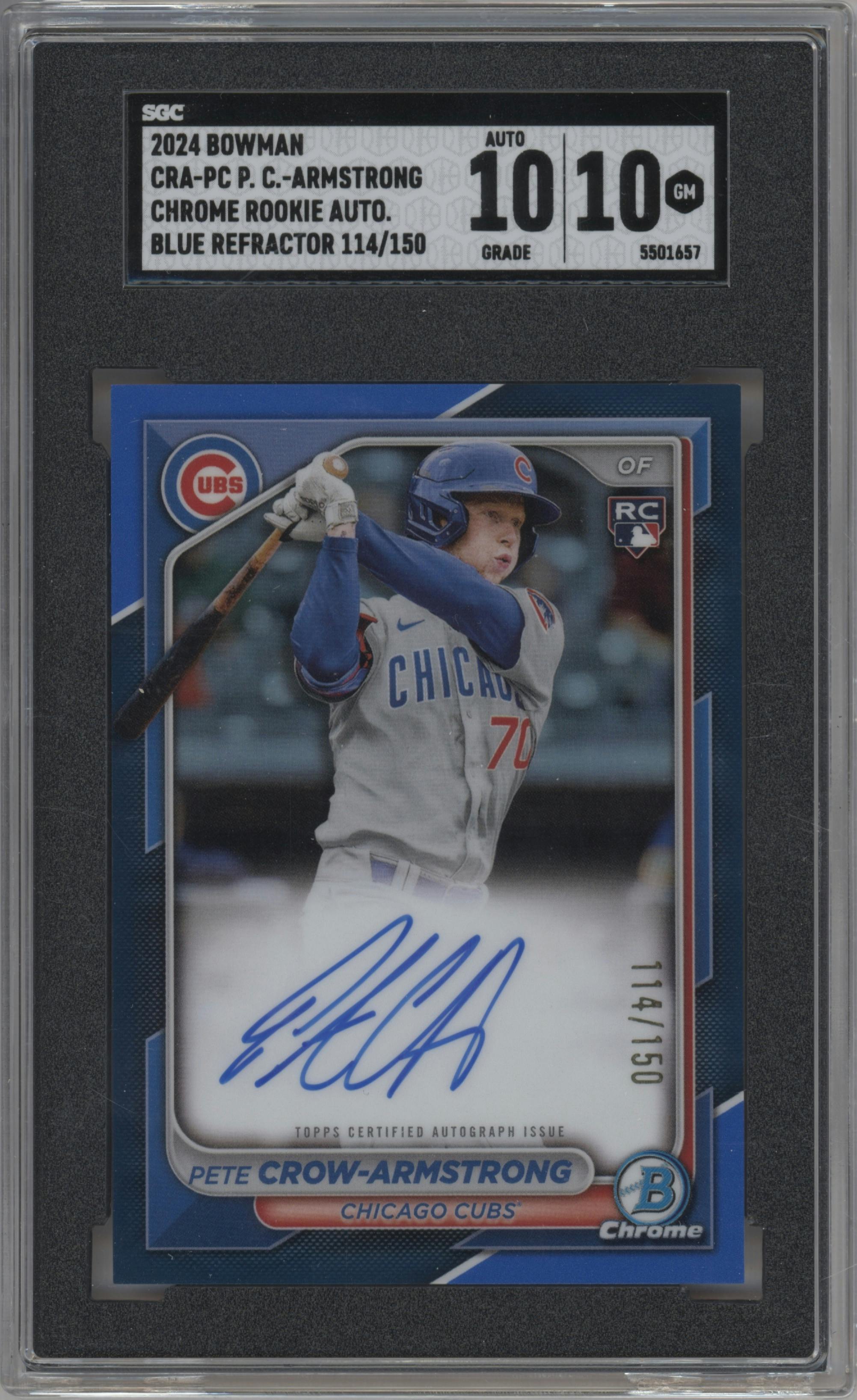 Pete Crow-Armstrong from the 2024 Bowman set featuring a Blue Refractor parallel graded by SGC and given an overall grade of 10.