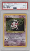Mr. Mime from the 1999 Pokemon set featuring a No Symbol parallel graded by PSA and given an overall grade of 9.