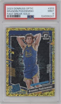 Brandin Podziemski from the 2023-24 Donruss Optic set featuring a Fast Break Gold parallel graded by PSA and given an overall grade of 9.