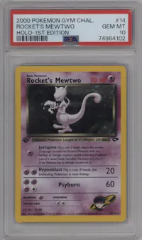 Rocket's Mewtwo from the 2000 Pokemon GH set graded by PSA and given an overall grade of 10.