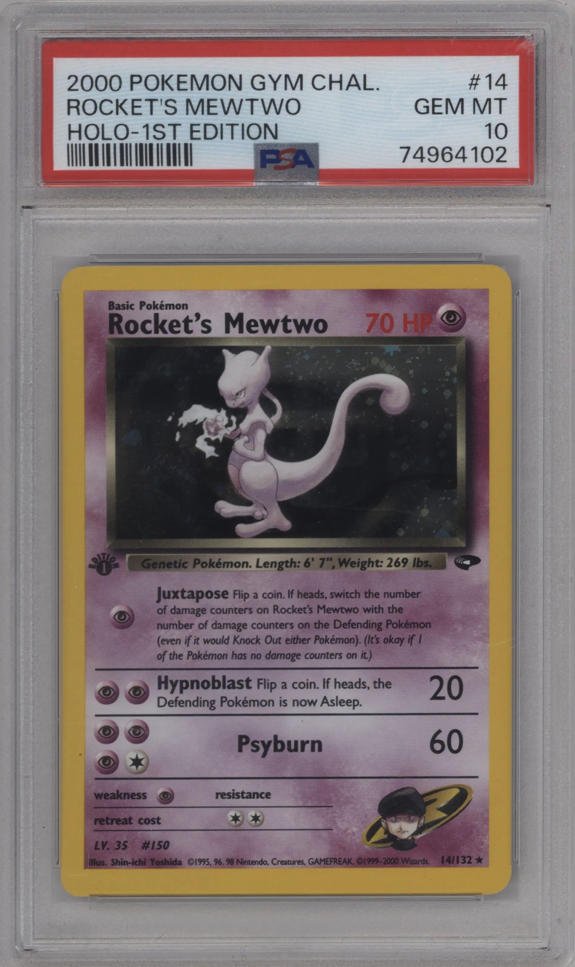 Rocket's Mewtwo from the 2000 Pokemon GH set graded by PSA and given an overall grade of 10.
