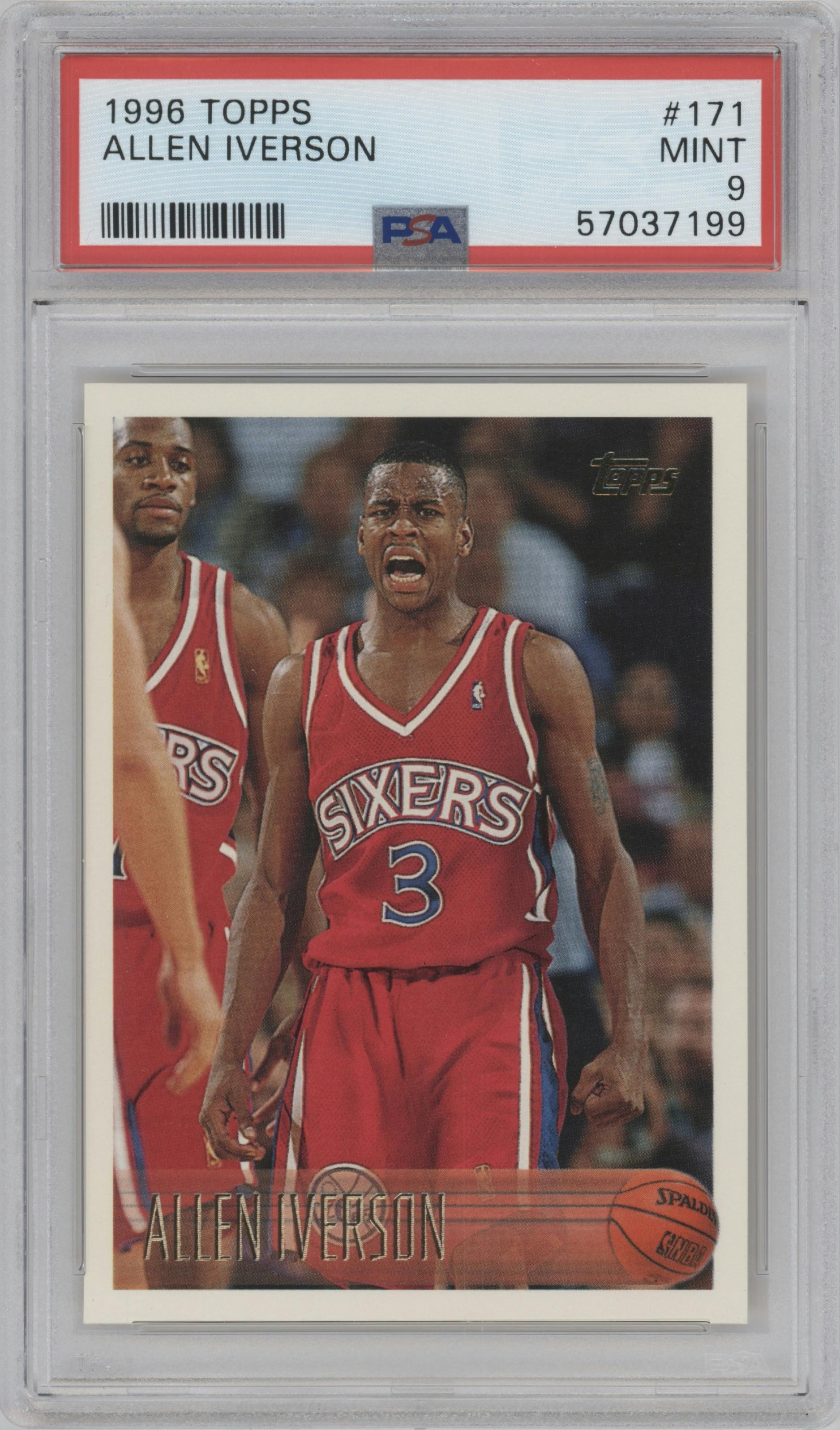 Allen Iverson from the 1996-97 Topps set graded by PSA and given an overall grade of 9.