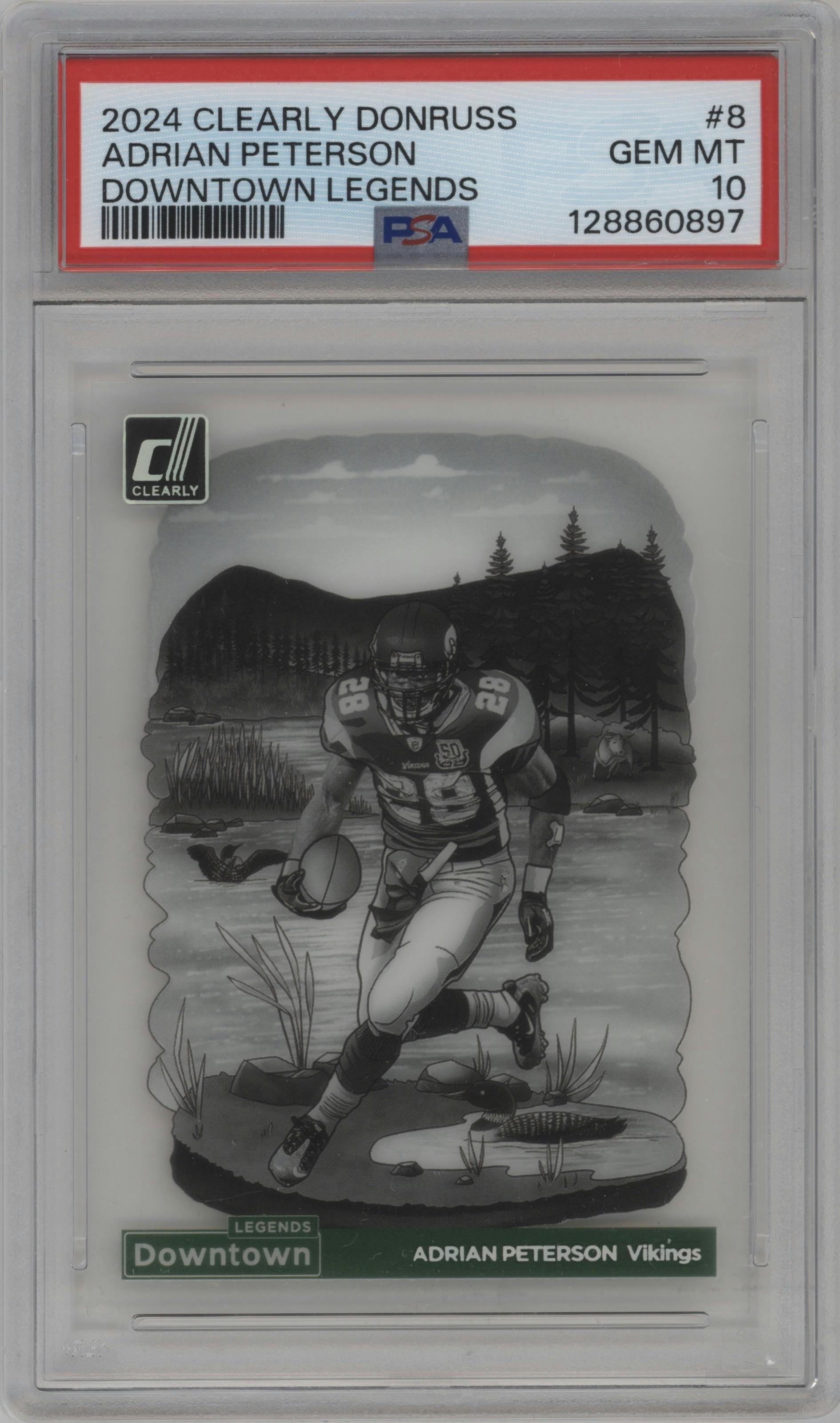 Adrian Peterson from the 2024 Panini Clearly Donruss set graded by PSA and given an overall grade of 10.