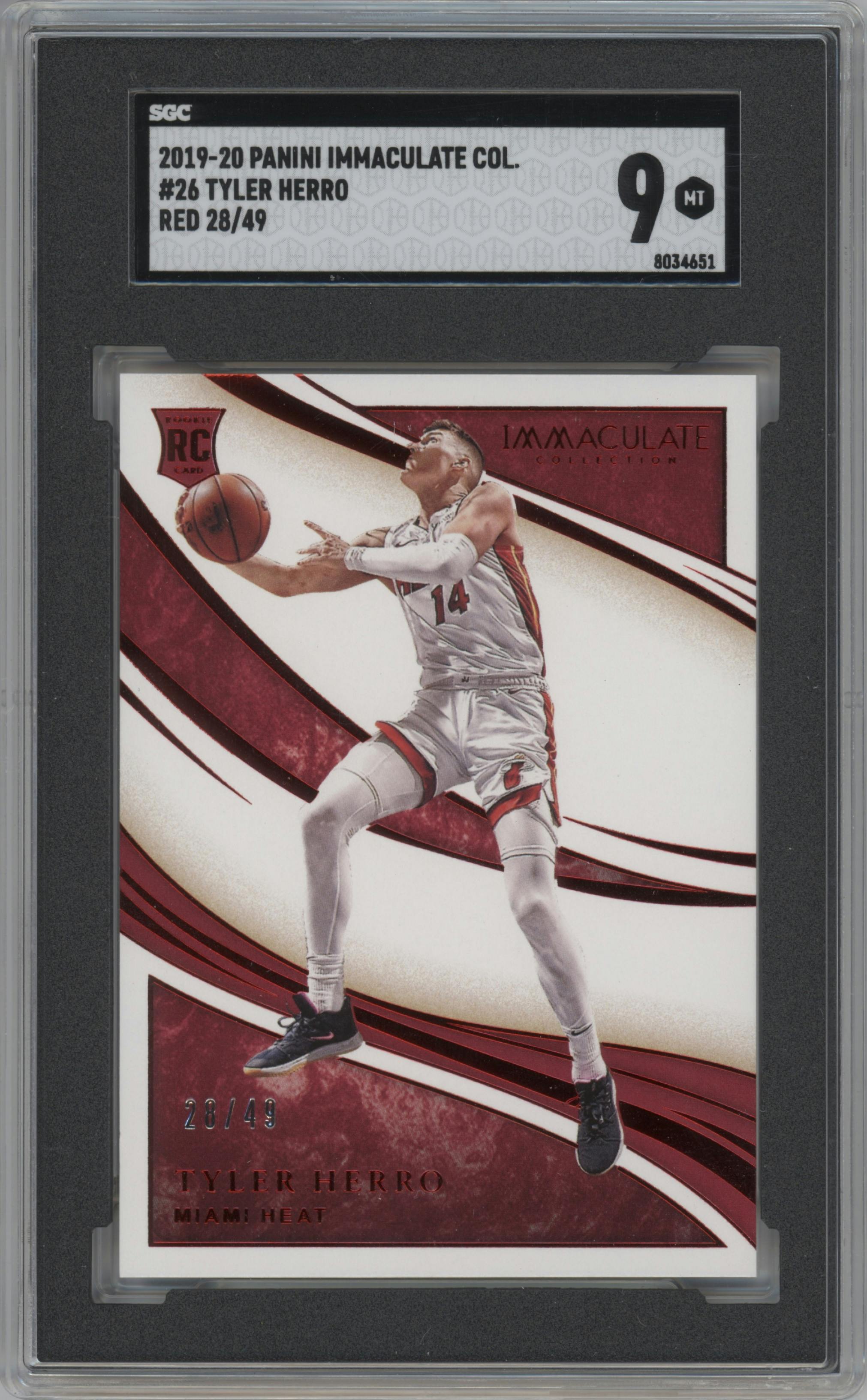 Tyler Herro from the 2019-20 Panini Immaculate Collection set featuring a Red parallel graded by SGC and given an overall grade of 9.
