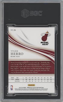 Tyler Herro from the 2019-20 Panini Immaculate Collection set featuring a Red parallel graded by SGC and given an overall grade of 9.