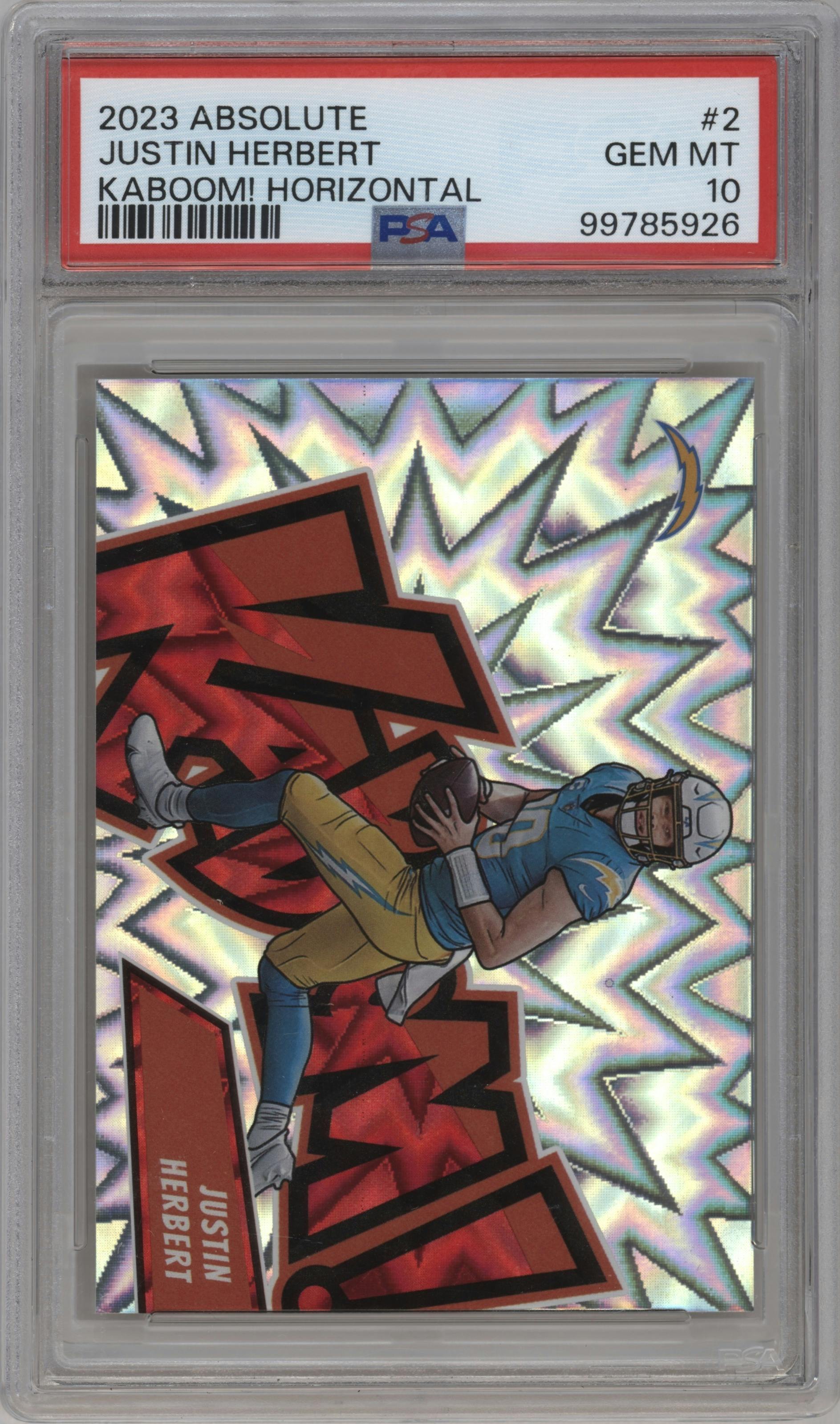 Justin Herbert from the 2023 Panini Absolute set graded by PSA and given an overall grade of 10.