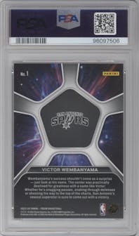 Victor Wembanyama from the 2023-24 Panini Prizm set graded by PSA and given an overall grade of 10.