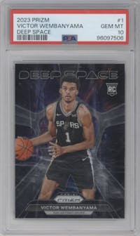 Victor Wembanyama from the 2023-24 Panini Prizm set graded by PSA and given an overall grade of 10.