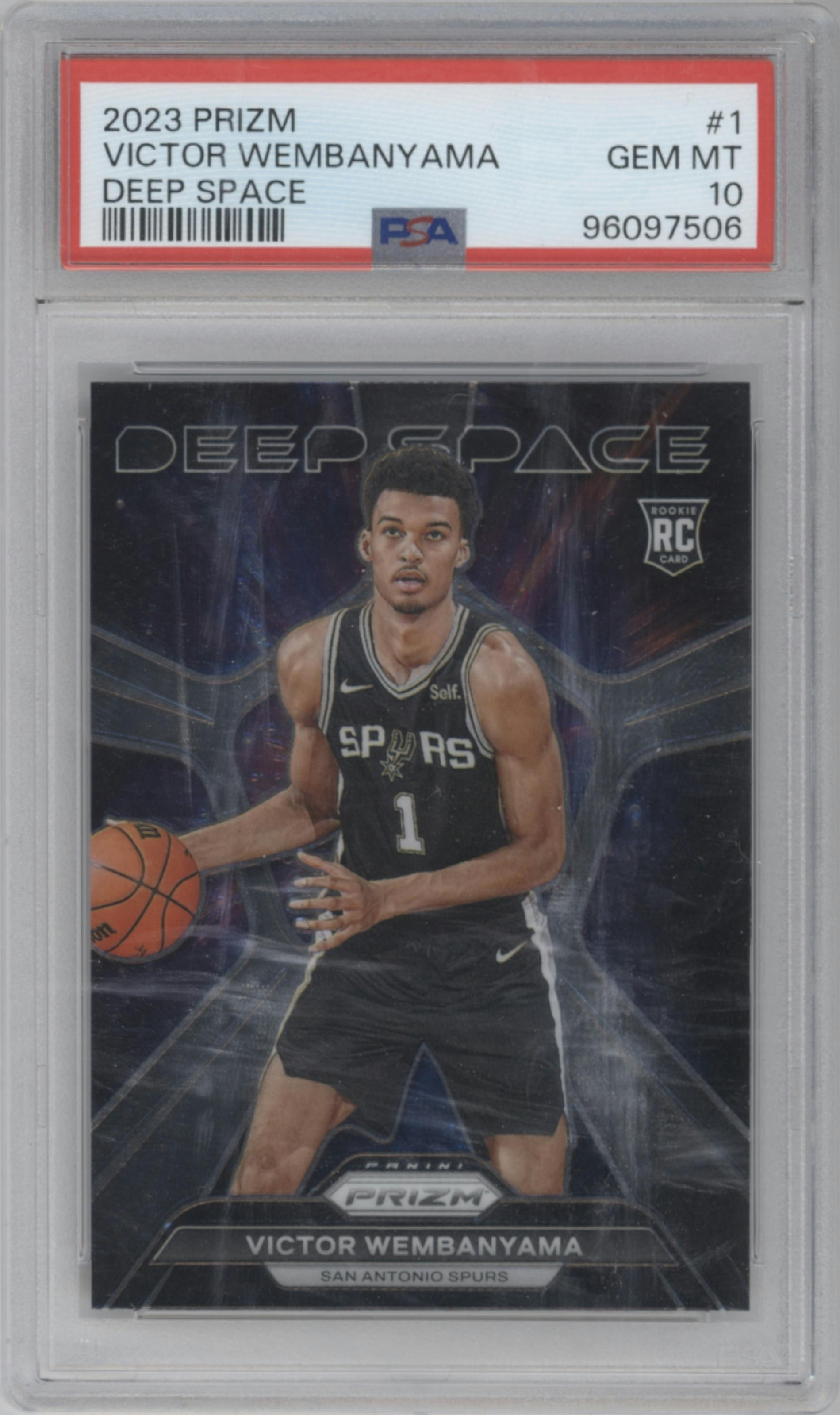 Victor Wembanyama from the 2023-24 Panini Prizm set graded by PSA and given an overall grade of 10.