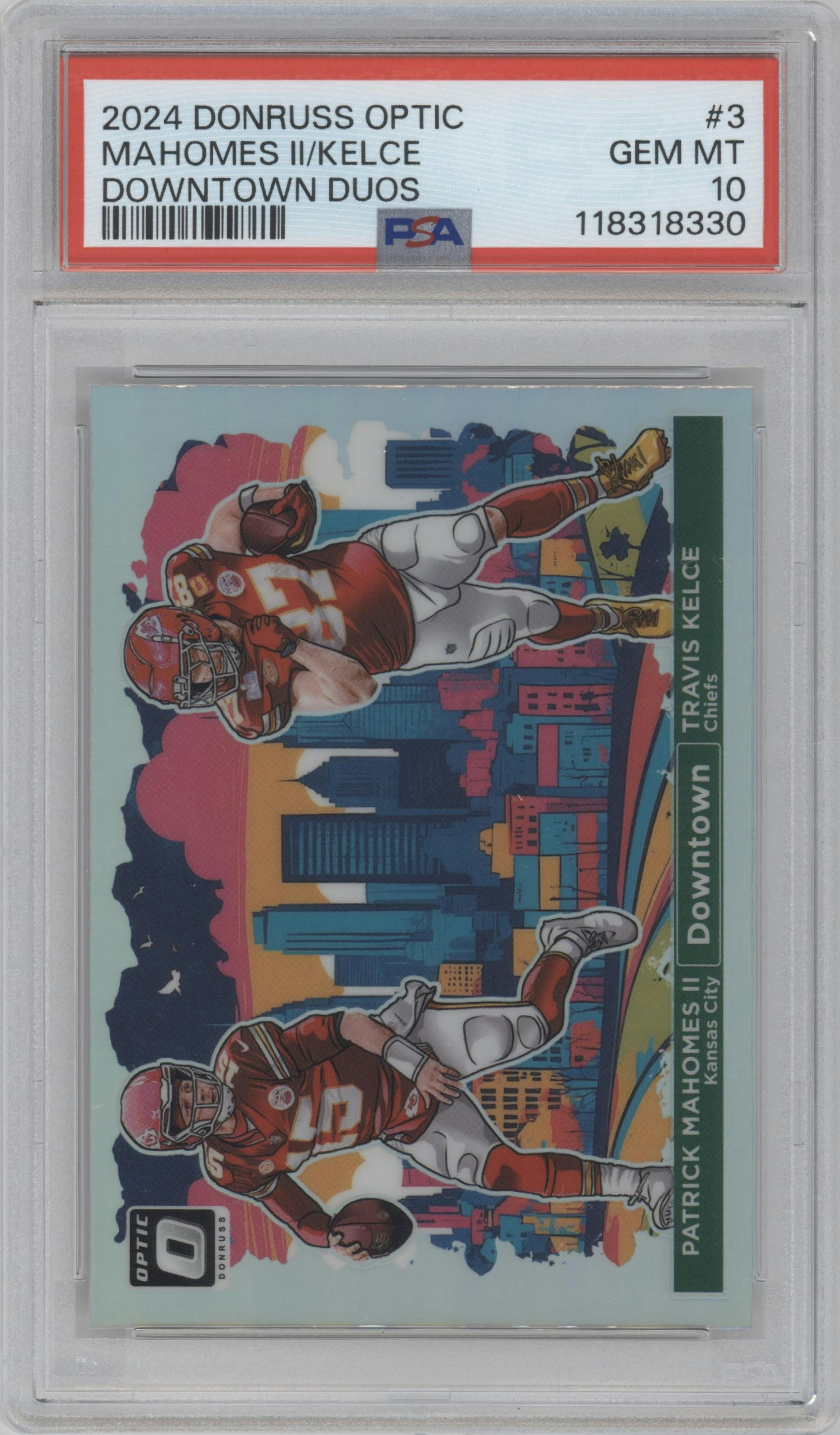 Patrick Mahomes II/Travis Kelce from the 2024 Donruss Optic set graded by PSA and given an overall grade of 10.