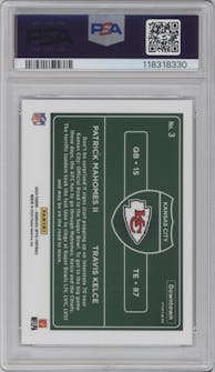Patrick Mahomes II/Travis Kelce from the 2024 Donruss Optic set graded by PSA and given an overall grade of 10.