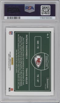 Patrick Mahomes II/Travis Kelce from the 2024 Donruss Optic set graded by PSA and given an overall grade of 10.
