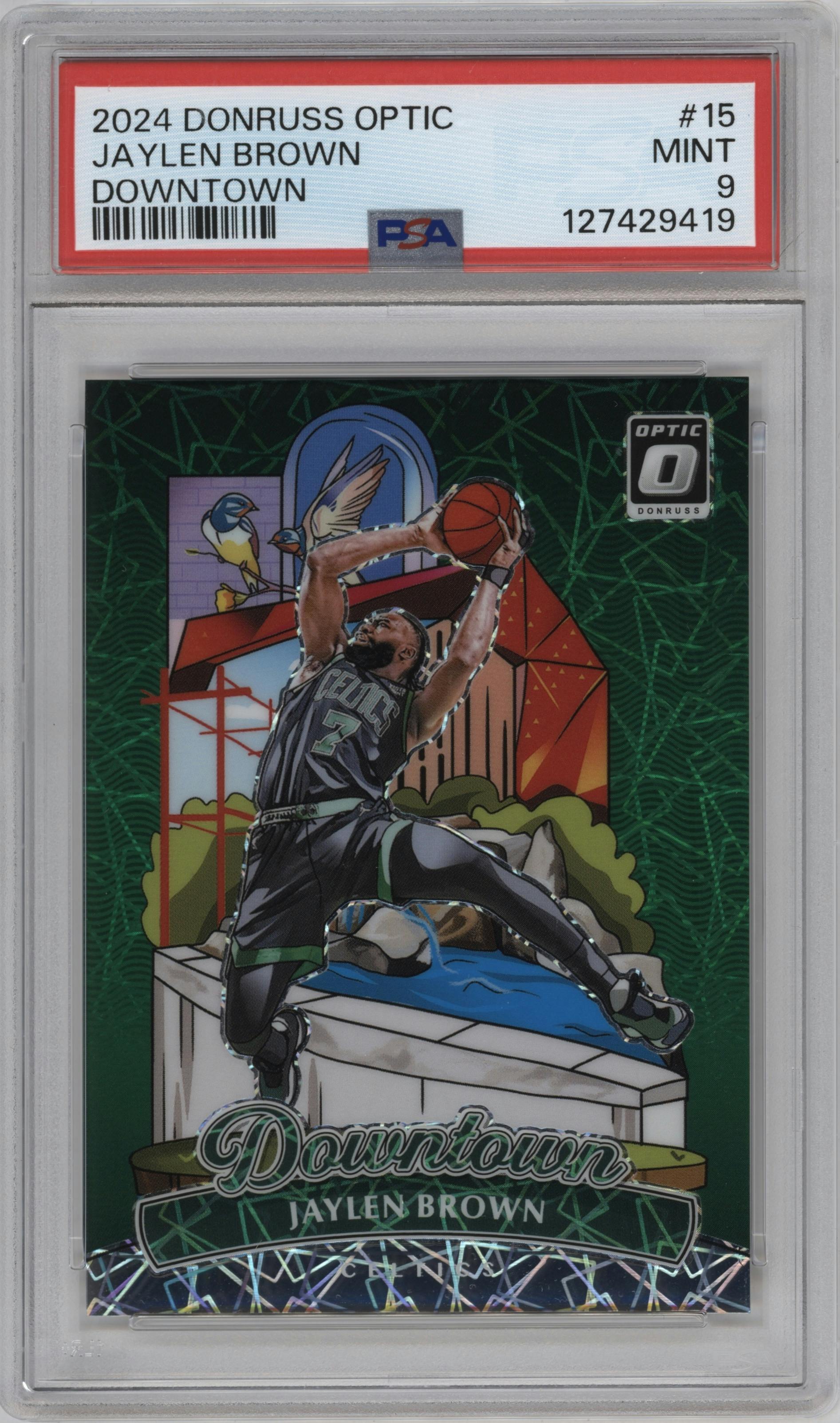 Jaylen Brown from the 2024-25 Donruss Optic set graded by PSA and given an overall grade of 9.