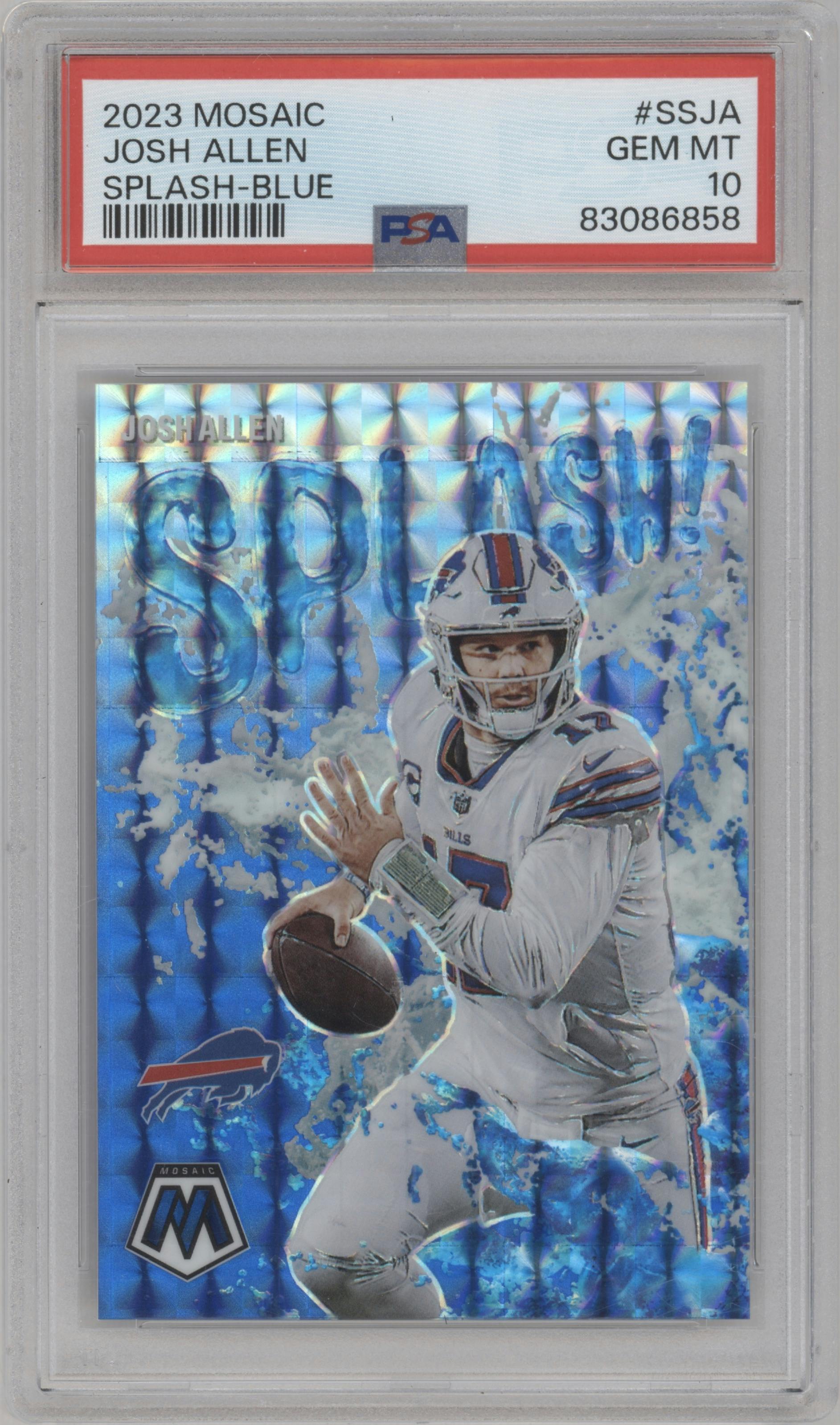 Josh Allen from the 2023 Panini Mosaic set featuring a Blue  parallel graded by PSA and given an overall grade of 10.