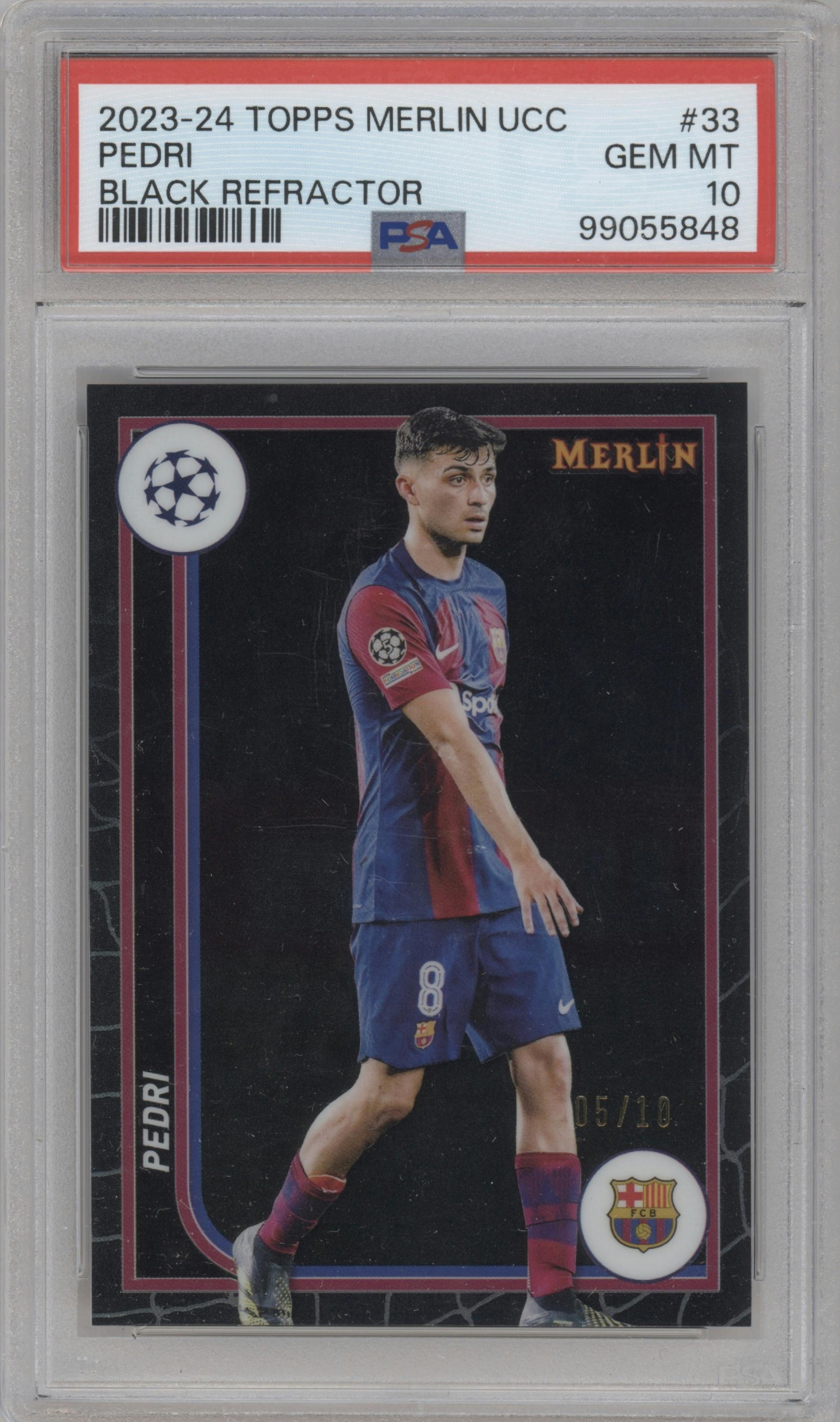 Pedri from the 2023-24 Topps Merlin UEFA Club Competitions set featuring a Black Refractor parallel graded by PSA and given an overall grade of 10.