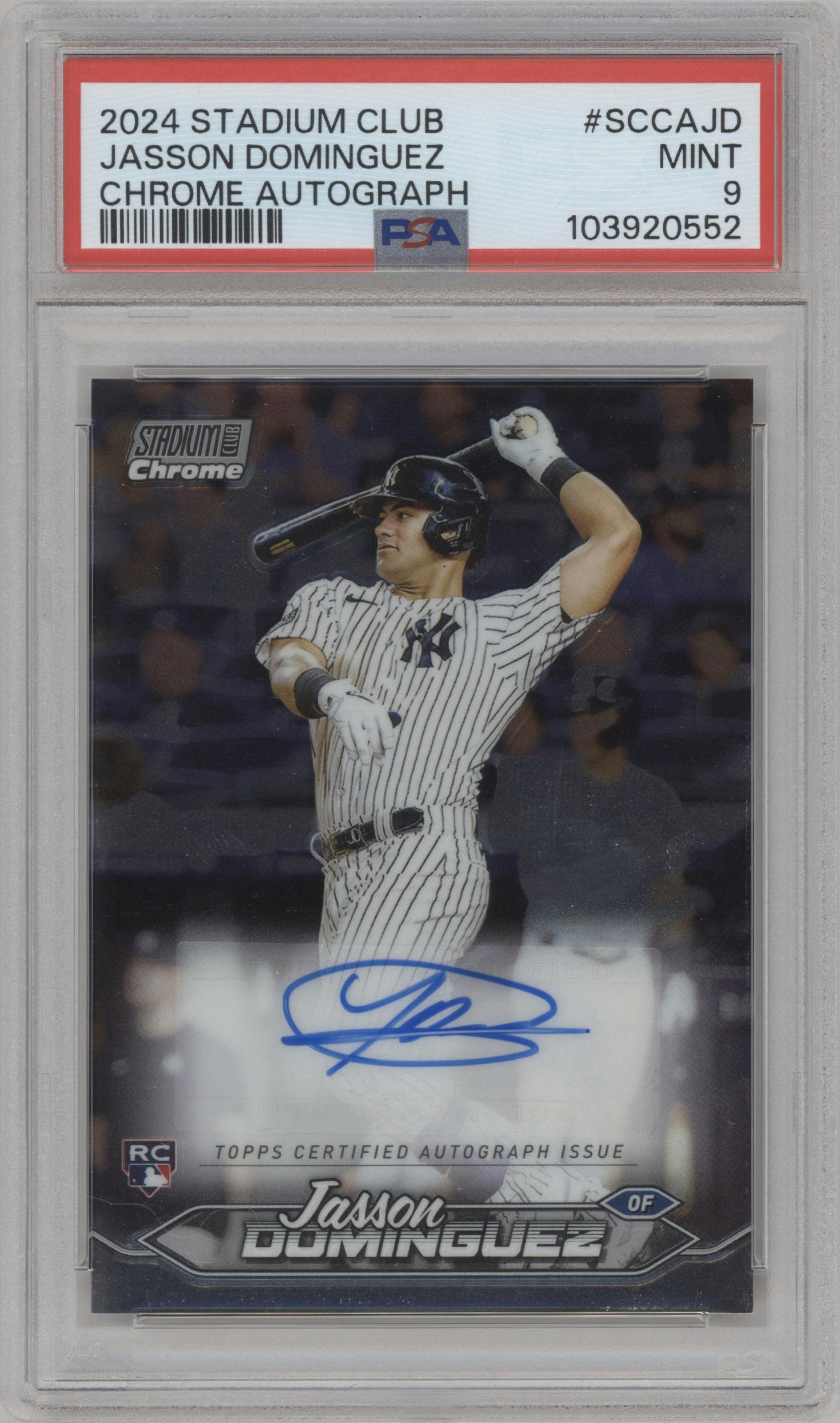 Jasson Dominguez from the 2024 Topps Stadium Club set graded by PSA and given an overall grade of 9.