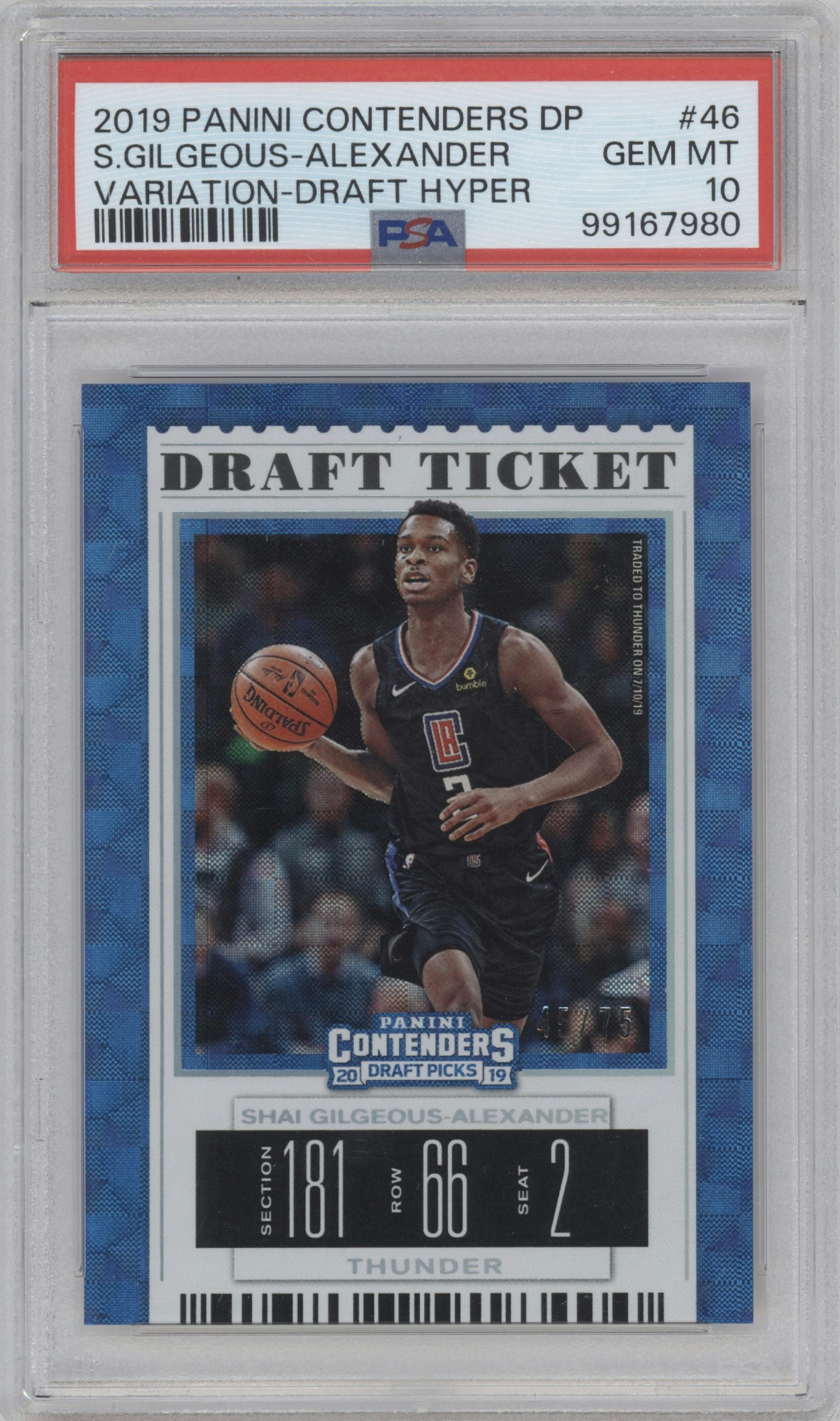 Shai Gilgeous-Alexander from the 2019-20 Panini Contenders Draft Picks set featuring a Draft Hyper Ticket parallel graded by PSA and given an overall grade of 10.