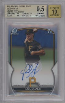 Paul Skenes from the 2023 Bowman Draft set featuring a Refractor parallel graded by Beckett and given an overall grade of 9.5.