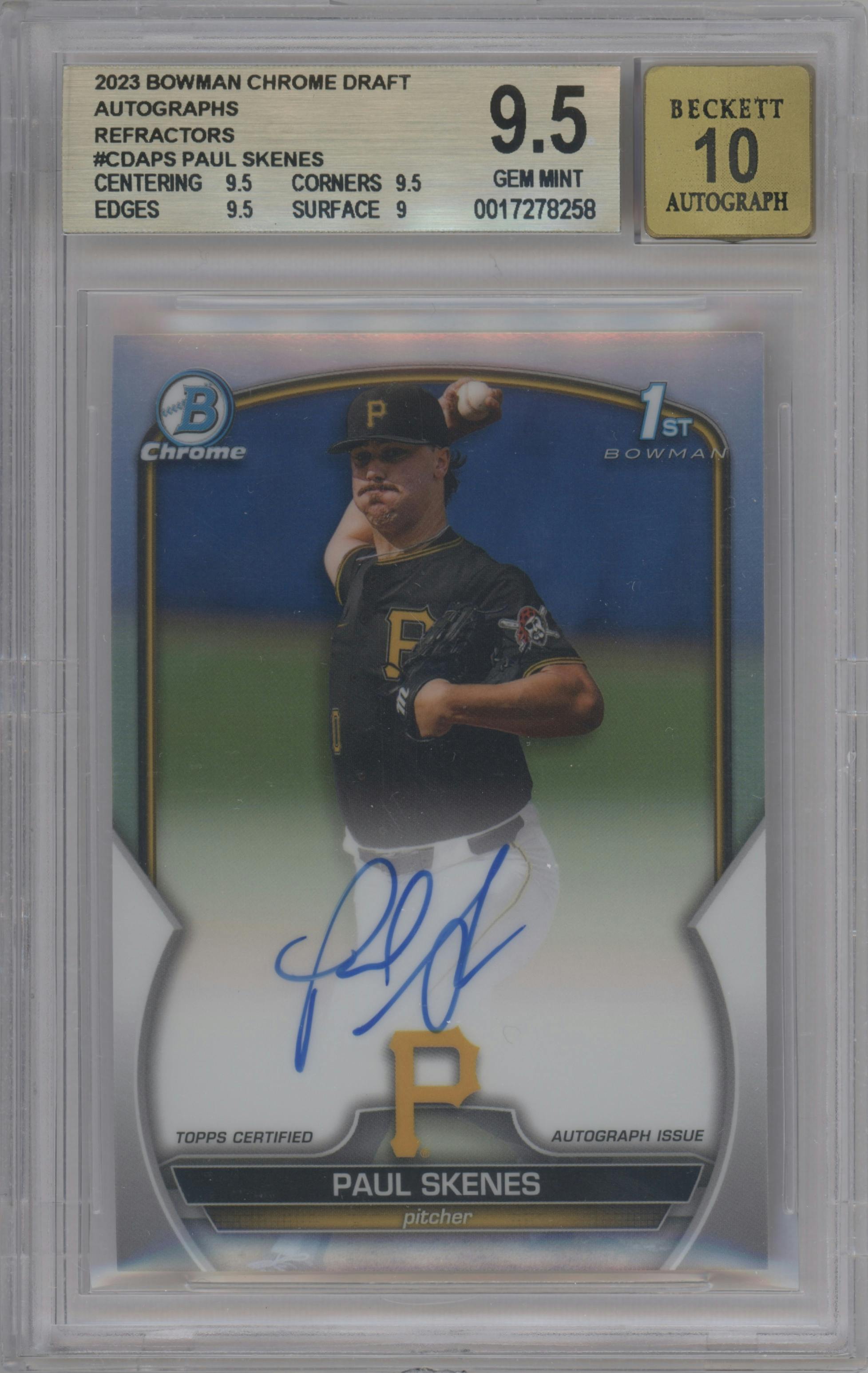 Paul Skenes from the 2023 Bowman Draft set featuring a Refractor parallel graded by Beckett and given an overall grade of 9.5.