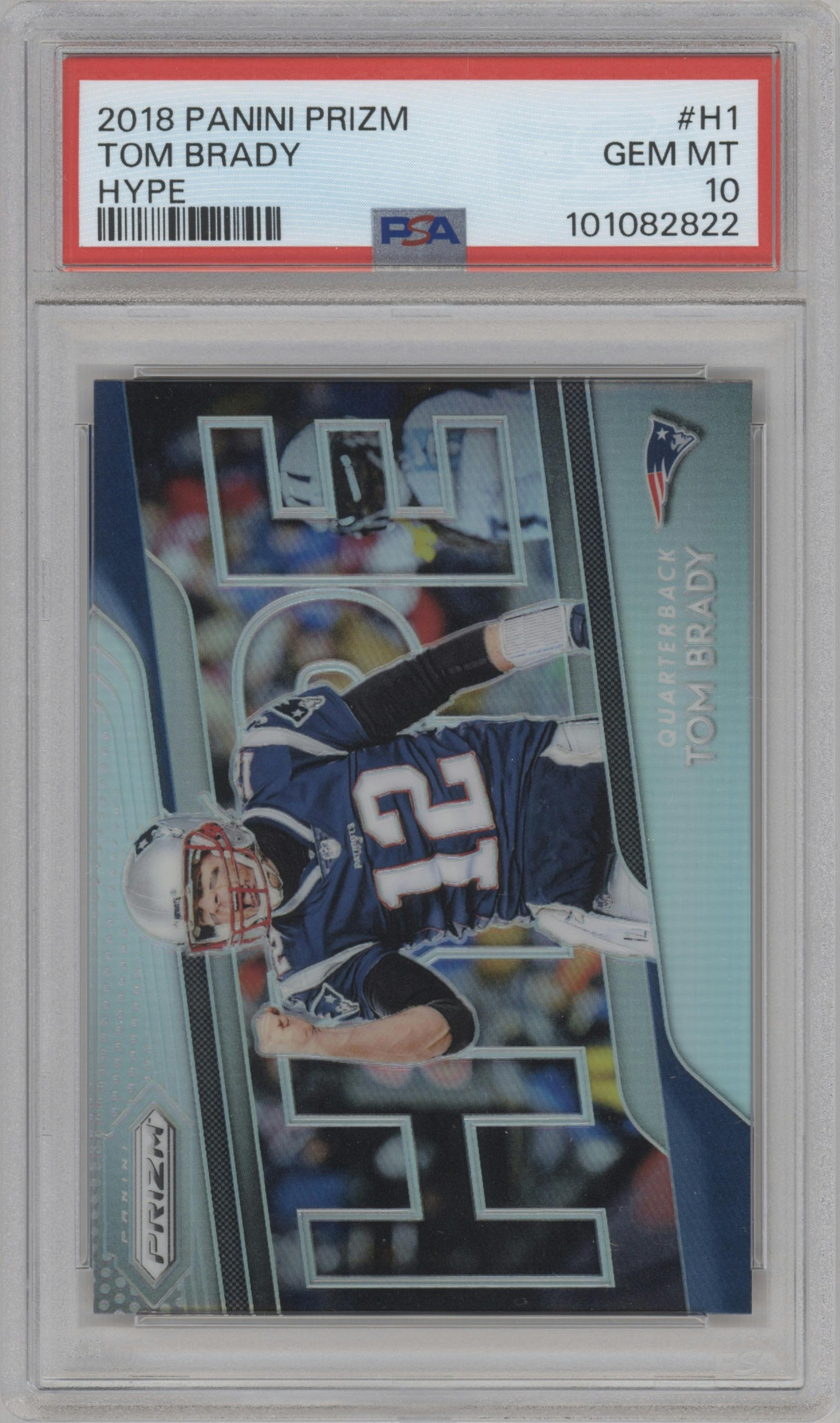 Tom Brady from the 2018 Panini Prizm set graded by PSA and given an overall grade of 10.