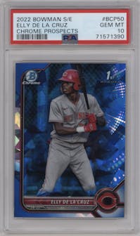 Elly De La Cruz from the 2022 Bowman Sapphire Edition set graded by PSA and given an overall grade of 10.