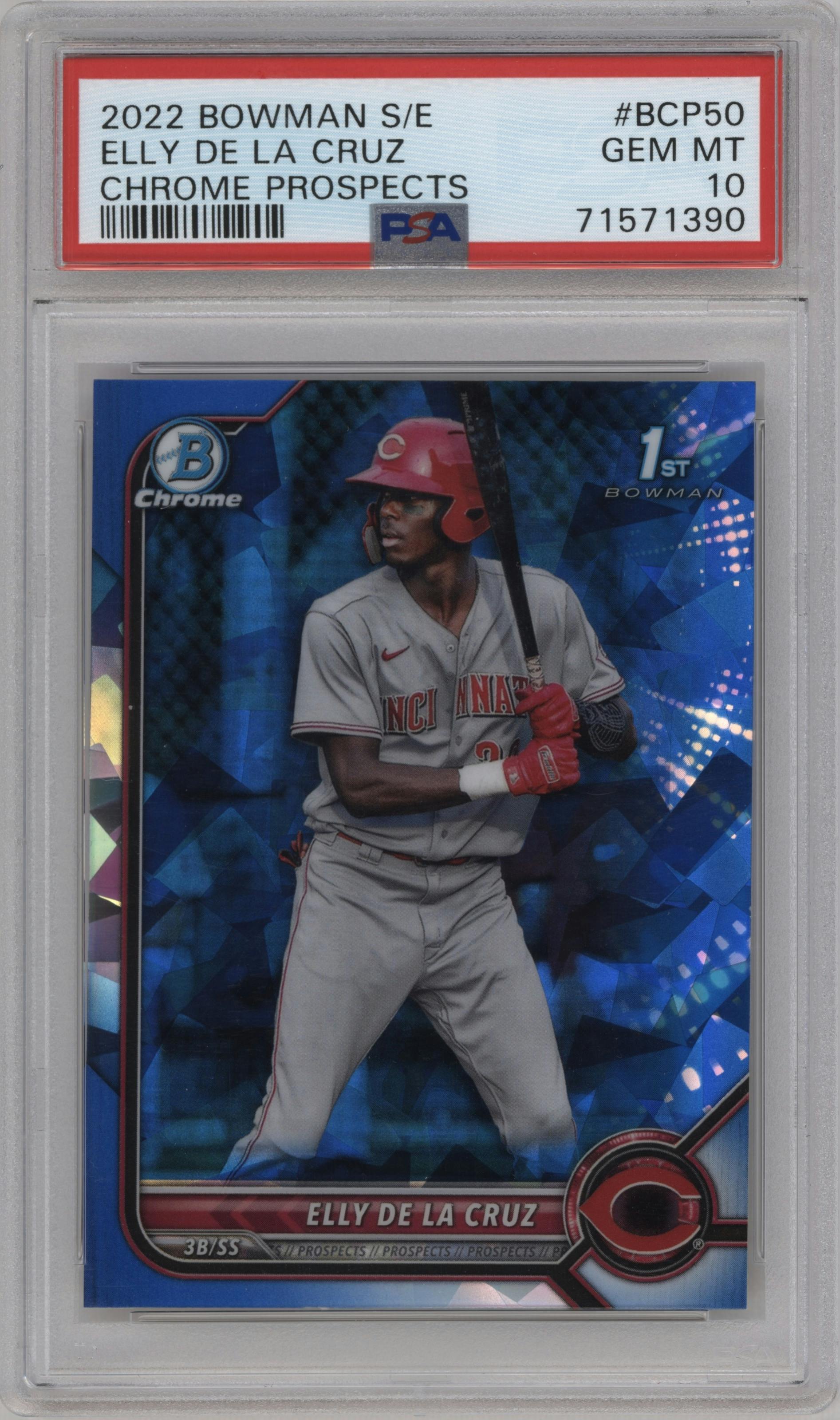 Elly De La Cruz from the 2022 Bowman Sapphire Edition set graded by PSA and given an overall grade of 10.