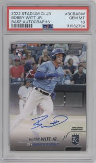 Bobby Witt Jr. from the 2022 Topps Stadium Club set graded by PSA and given an overall grade of 10.