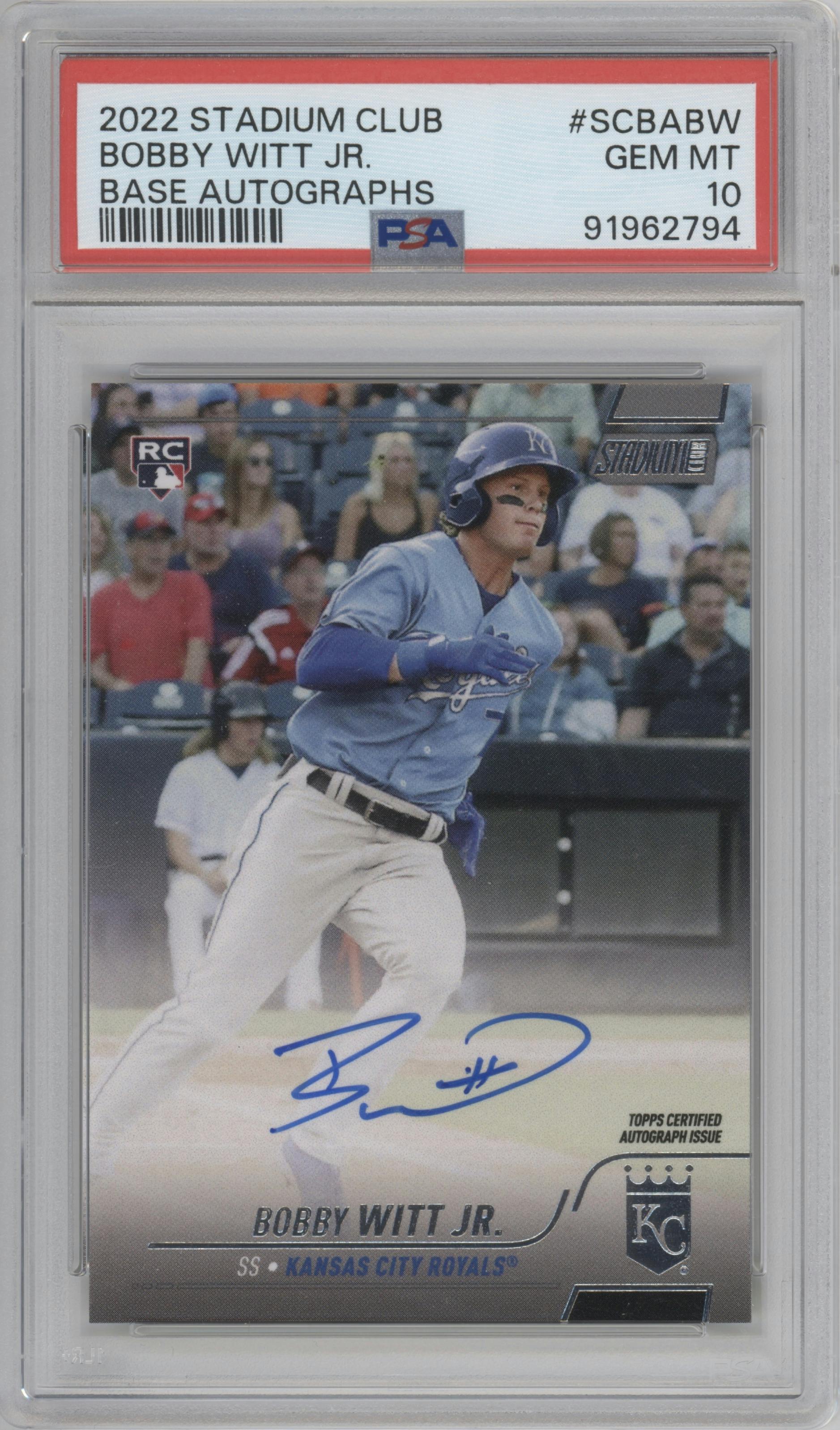 Bobby Witt Jr. from the 2022 Topps Stadium Club set graded by PSA and given an overall grade of 10.