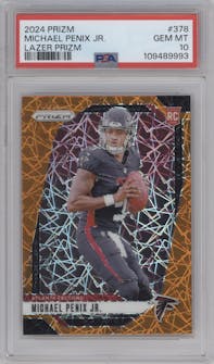 Michael Penix Jr. from the 2024 Panini Prizm set featuring a Lazer Prizm parallel graded by PSA and given an overall grade of 10.