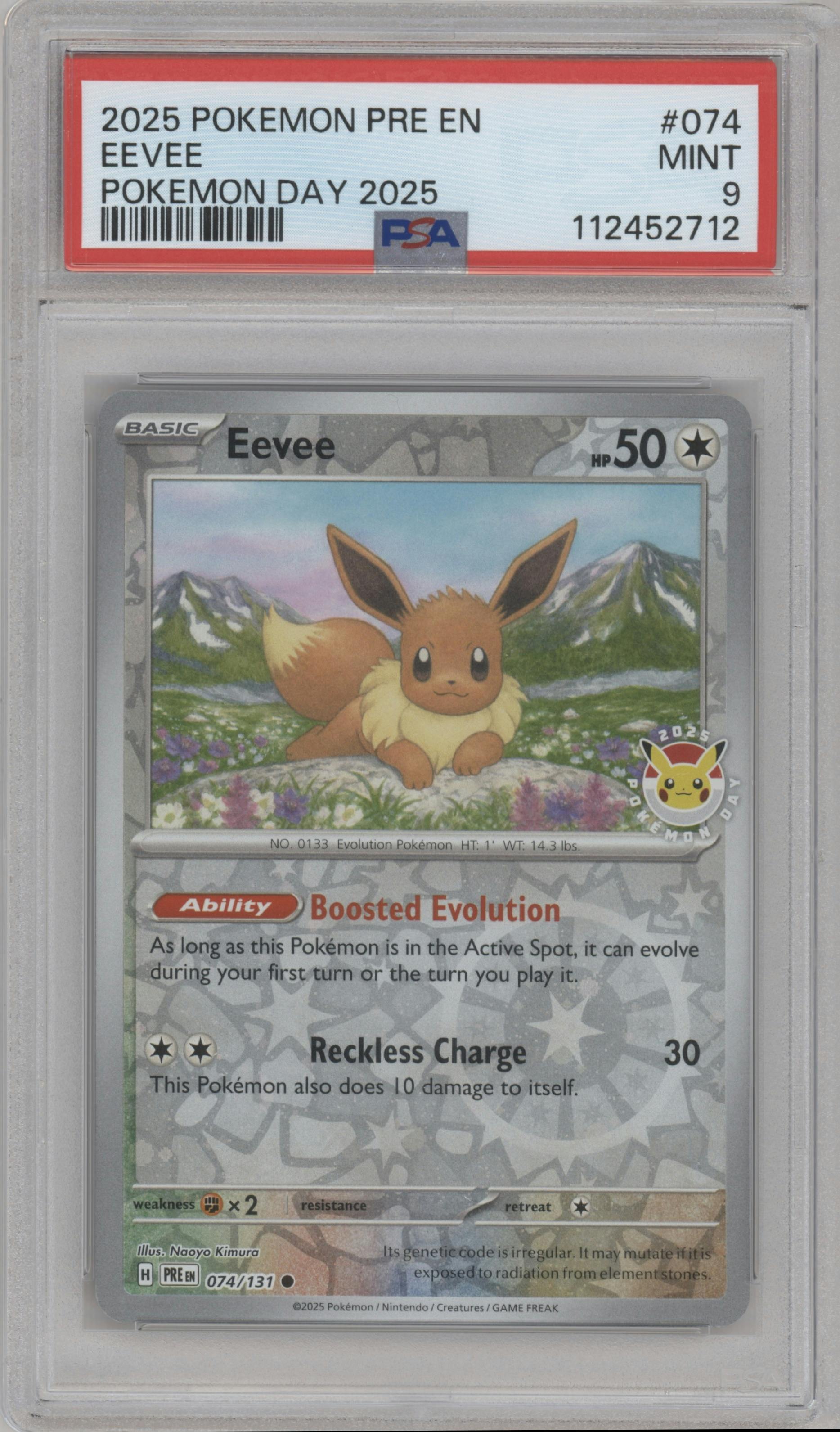 Eevee from the 2025 Pokemon SV set featuring a Pokemon Day 2025 parallel graded by PSA and given an overall grade of 9.