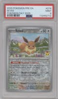 Eevee from the 2025 Pokemon SV set featuring a Pokemon Day 2025 parallel graded by PSA and given an overall grade of 9.
