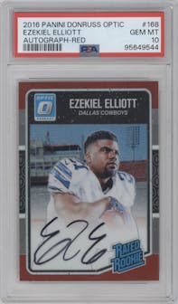 Ezekiel Elliott from the 2016 Panini Donruss Optic set featuring a Red parallel graded by PSA and given an overall grade of 10.
