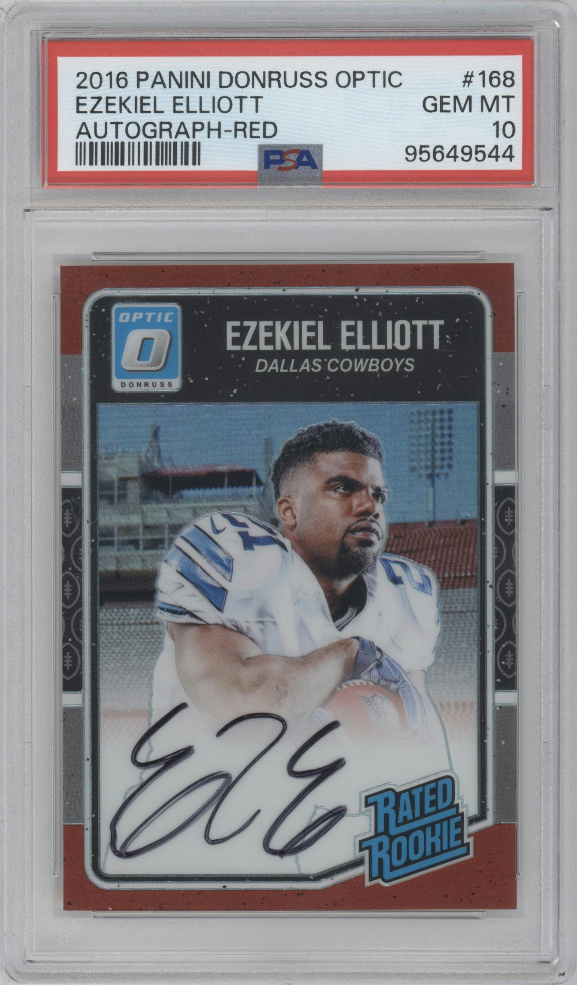 Ezekiel Elliott from the 2016 Panini Donruss Optic set featuring a Red parallel graded by PSA and given an overall grade of 10.